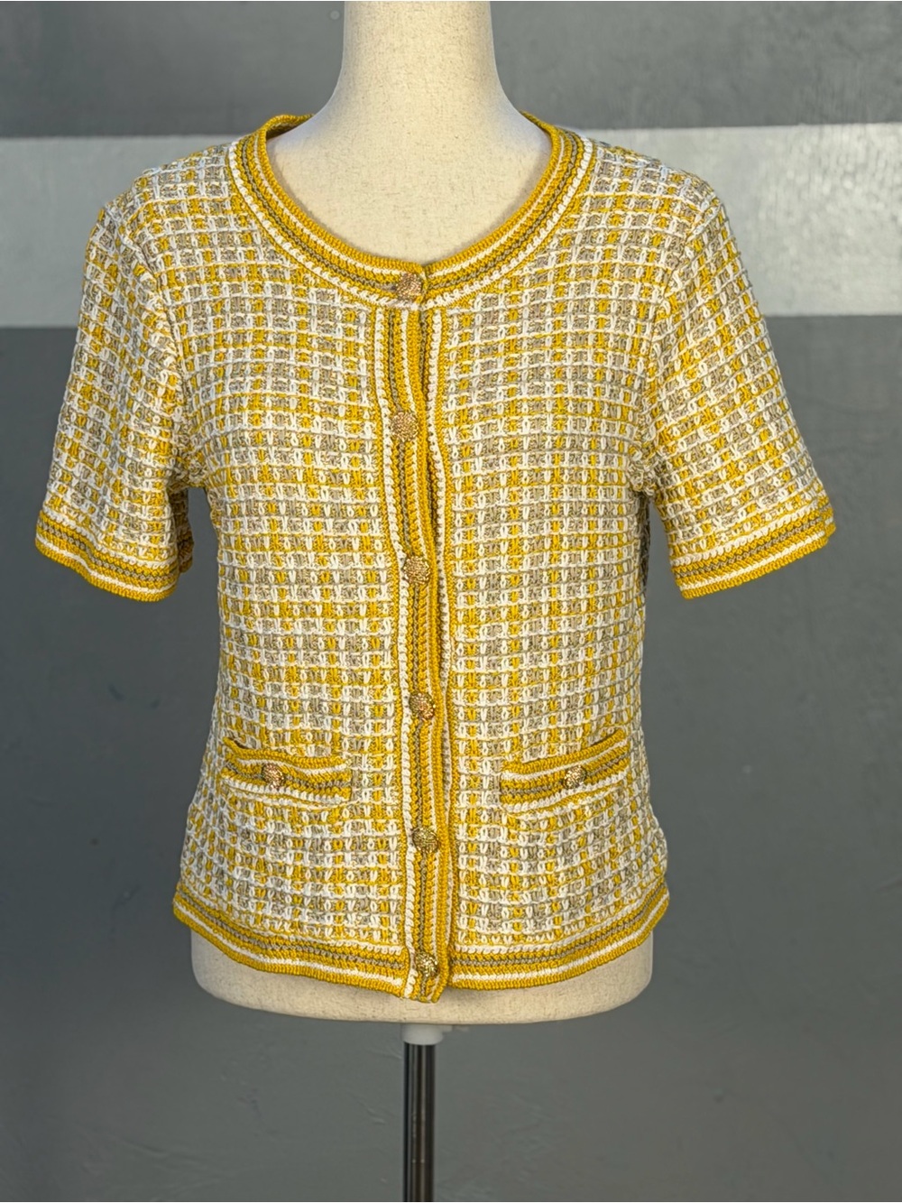 Talbots Yellow and White Tweed Short-Sleeve Jacket
